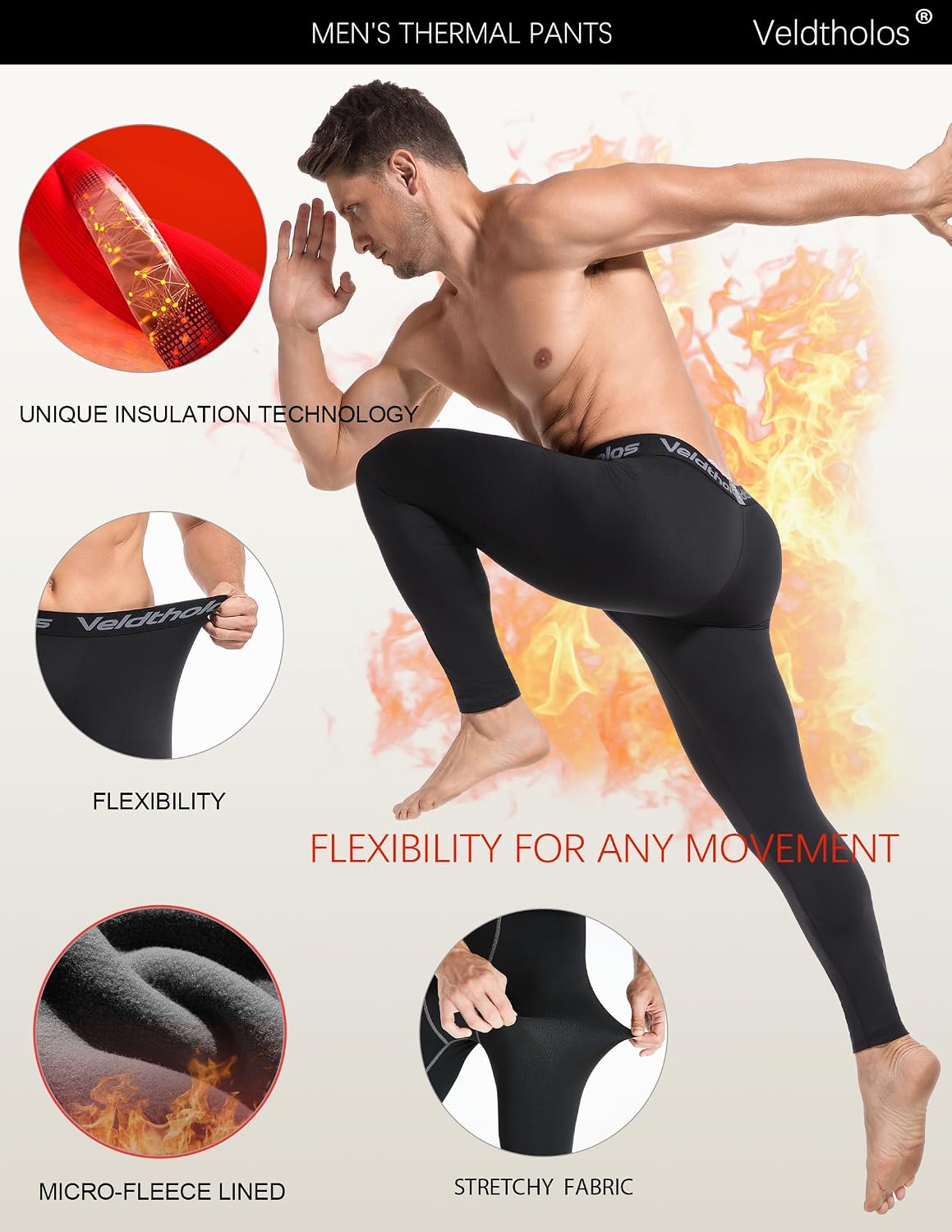 Detalle de Veldtholos 5-Pack Men's Thermal Compression Pants, Fleece-Lined, 4-Way Stretch