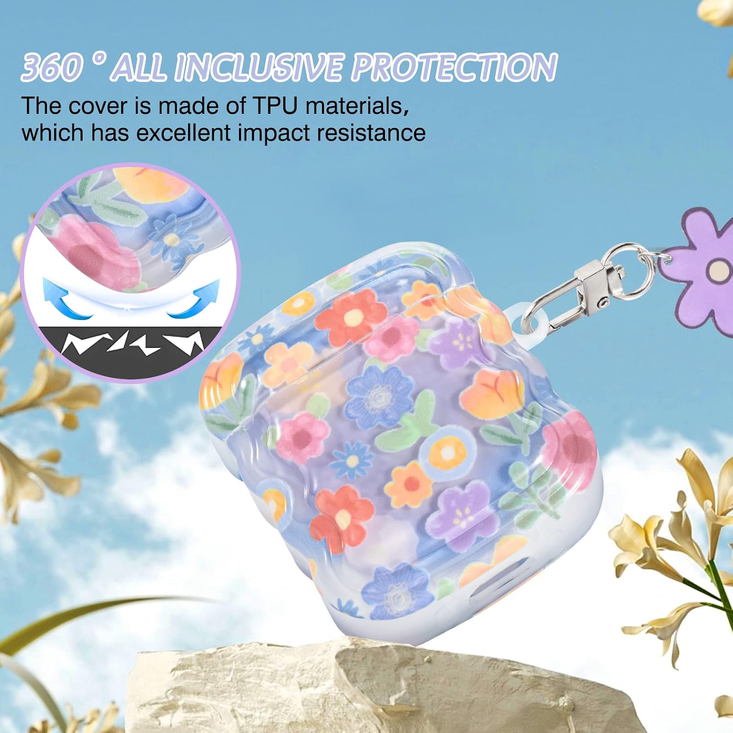 Thumbnail 1 de Newseego AirPods 1/2 Case Cover with Flower Pattern – Soft TPU, Shockproof Protection + Keychain