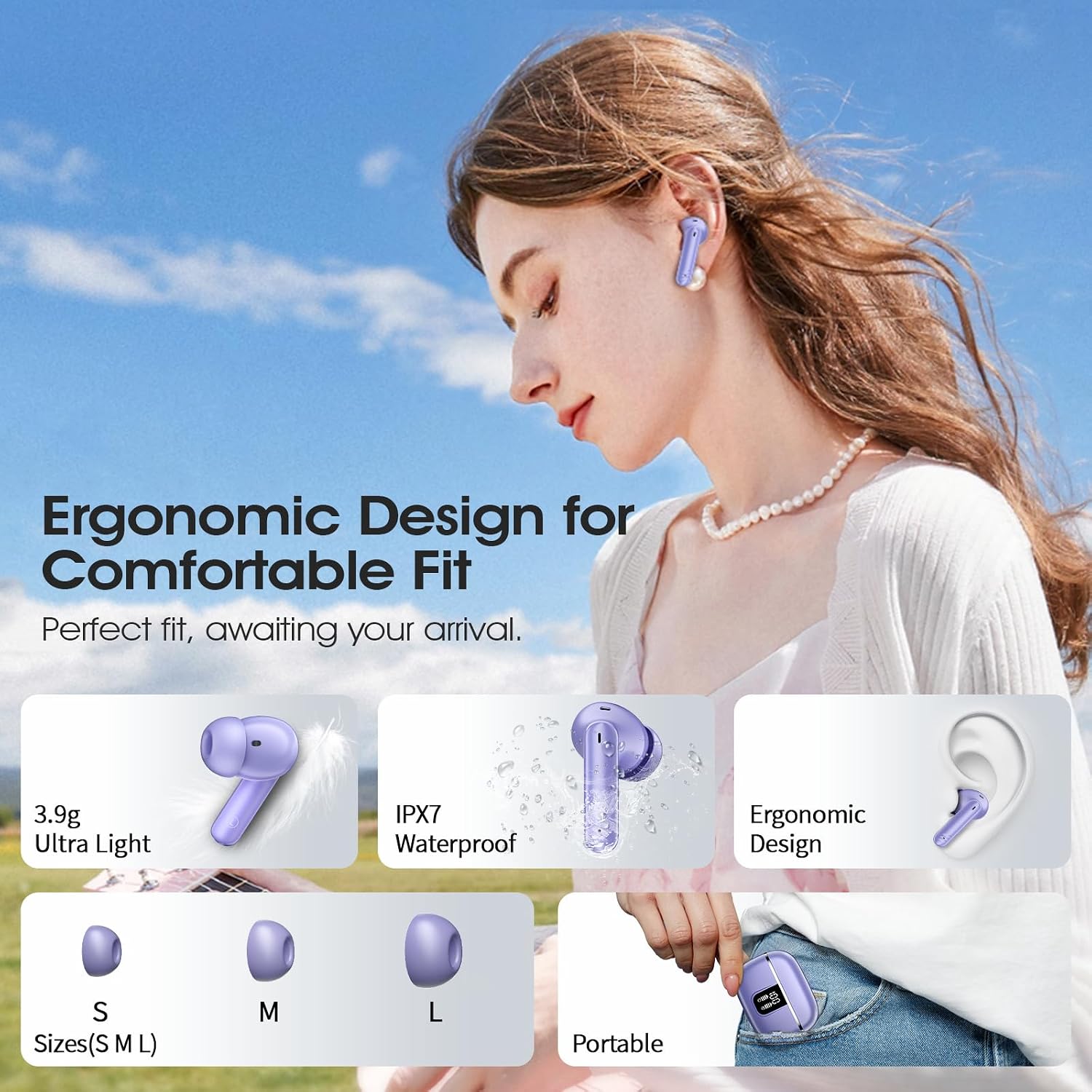 Thumbnail 6 de Wireless Earbuds with Bluetooth 5.4, 4‑Mic ENC Noise Cancelling, IPX7, 46h Playtime, 3D Bass – Purple