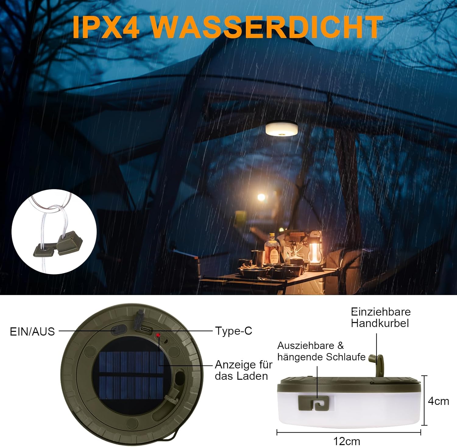 Thumbnail 3 de RISEMART Camping Lichterkette aufrollbar 10 m mit Solar- & USB-C Laden, 5 Beleuchtungsmodi
