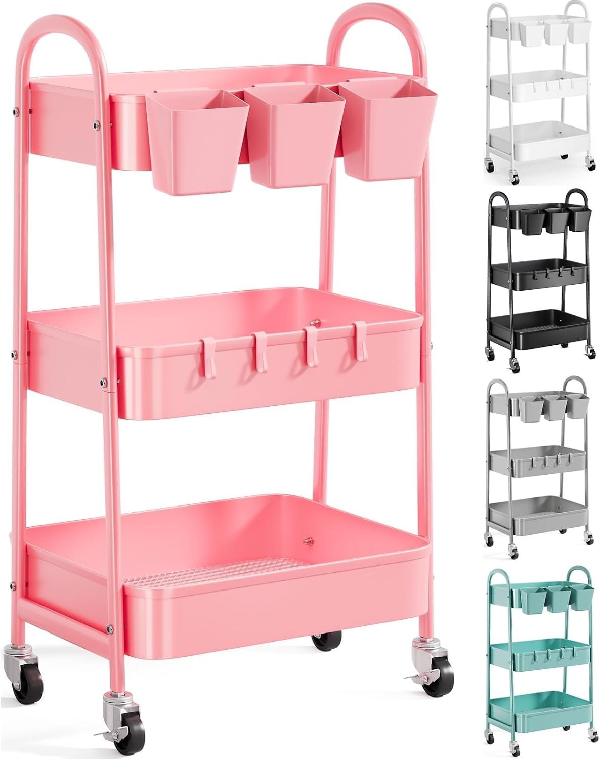 Detalle de Recximi Utility Carts Pink 3-Tier Metal Rolling Cart with Locking Wheels