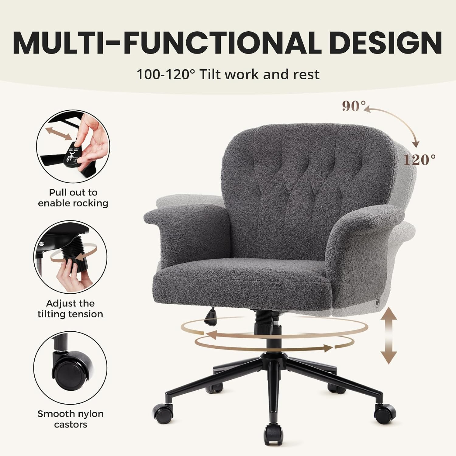 Thumbnail 3 de IWMH Chaise Coiffeuse Chambre – pluszowe krzesło biurowe z regulacją wysokości