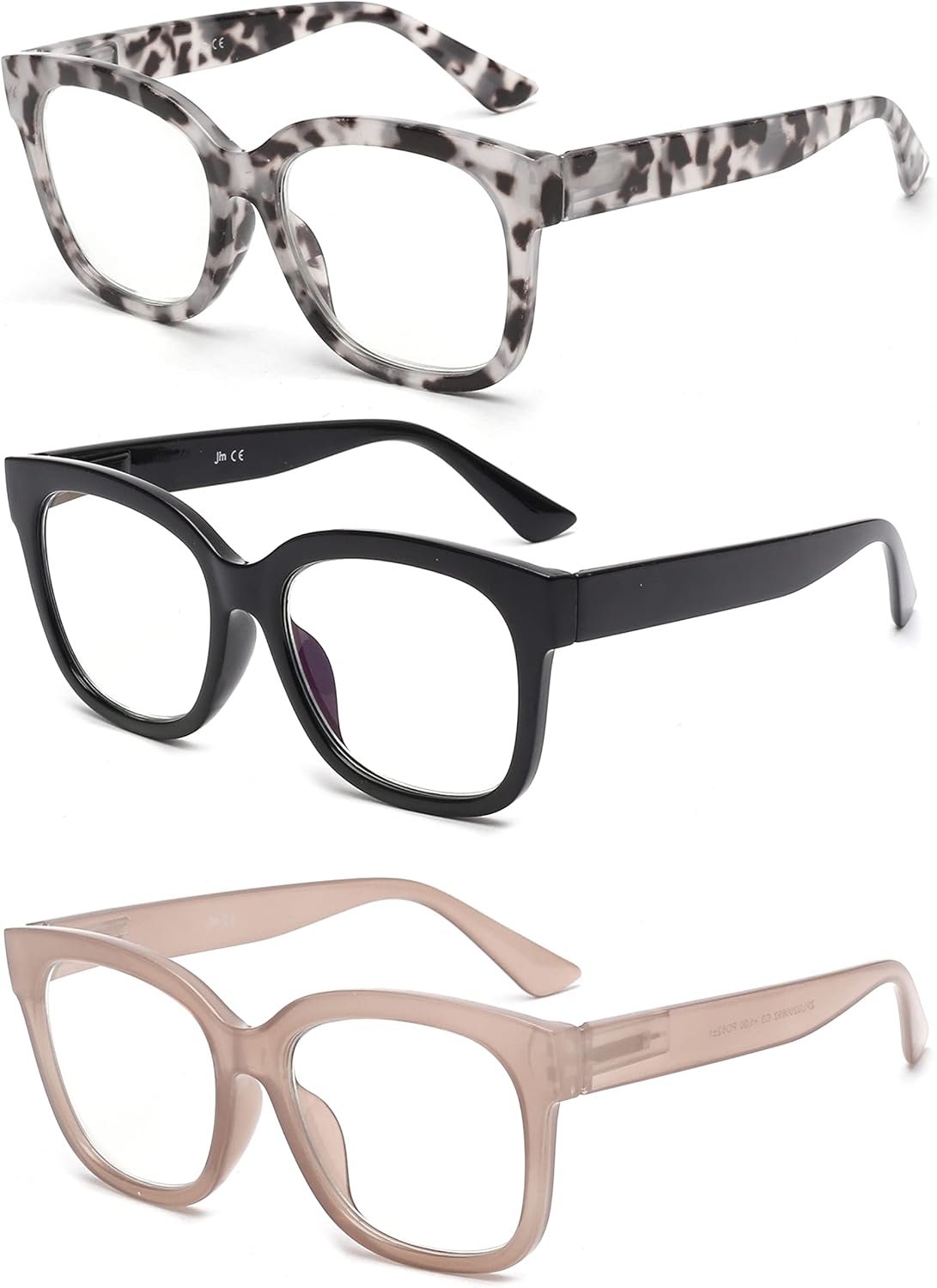 JM 3 Pack Oversized Reading Glasses for Women with Blue Light Blocking Lenses & Spring Hinge (Large Square)