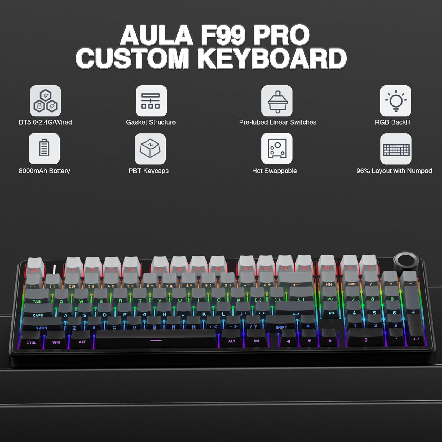 Thumbnail 1 de AULA F99 Pro Wireless Mechanical Keyboard (Knob, Tri-Mode BT5.0/USB-C/2.4GHz, Hot-Swappable, PBT)
