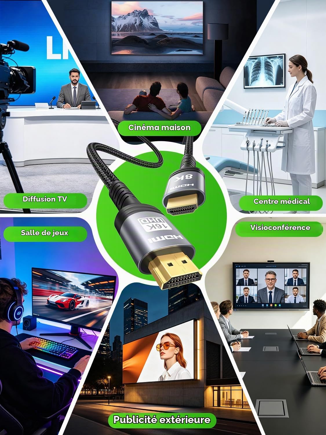 Detalle de Sniokco SN-16KHD-1.5M HDMI 2.2-kabel van 1,5 m, 96 Gbps en gevlochten nylon