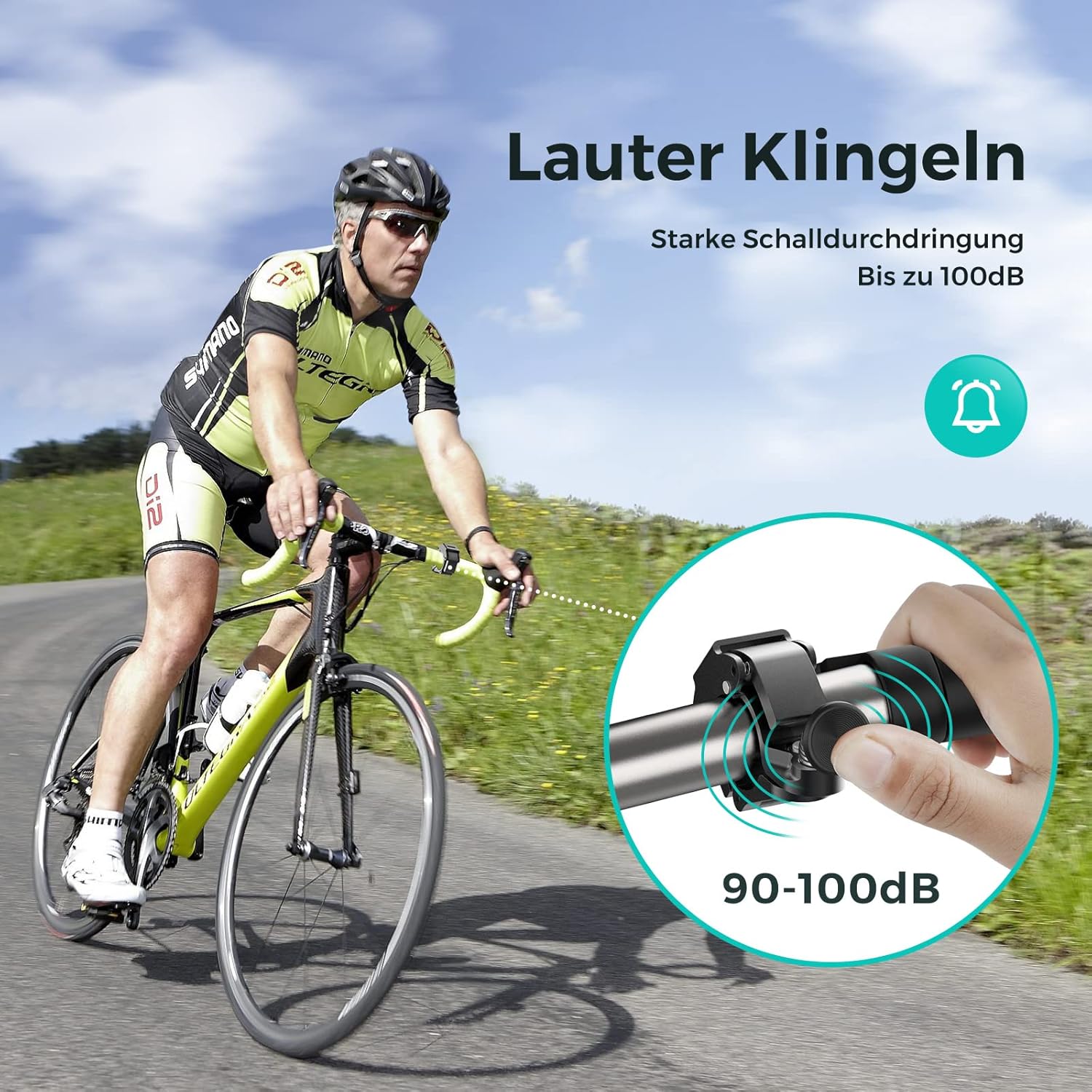 Detalle 2 de Fahrradklingel aus Aluminiumlegierung – Mini Klingel 100 dB, 22–24 mm Lenker, Schwarz