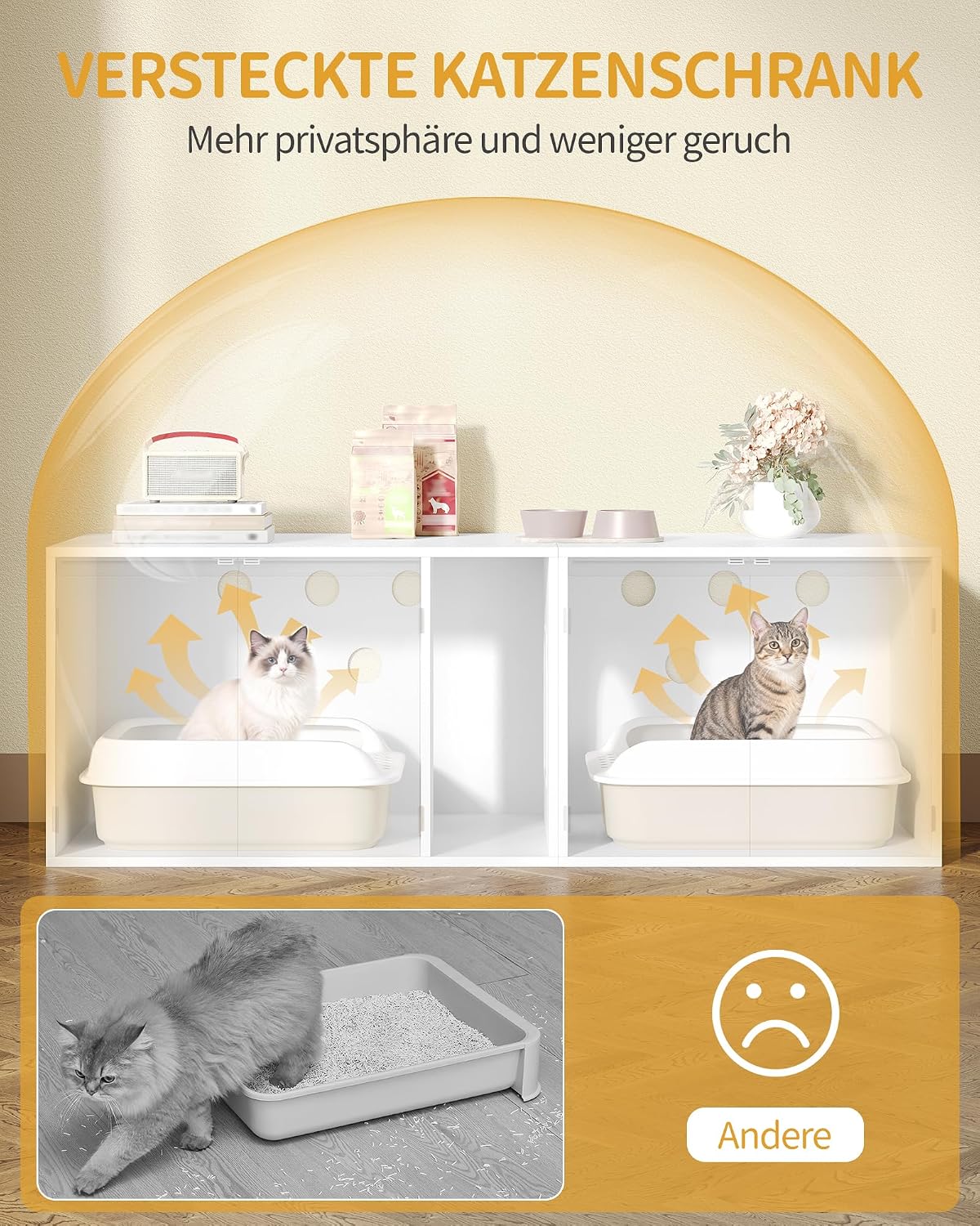 Thumbnail 6 de Hzuaneri Katzenschrank für 2 Katzen – Katzenklo Schrank, Doppelraum, verstecktes Katzenhaus, 140 x 48,3 x 48 cm, Weiß (CB65603X)