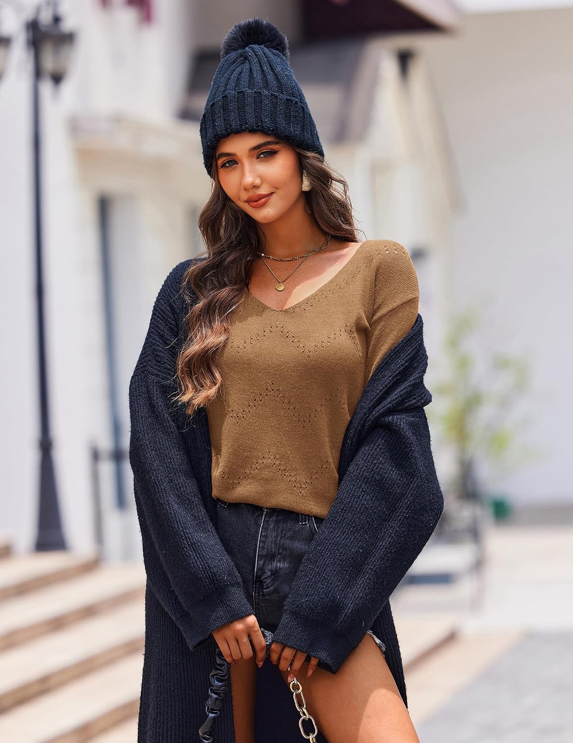 Detalle de Zeagoo Maglione Lavorato a Maglia Elegante con Scollo a V e Maniche Lunghe – Taglie S-XXL