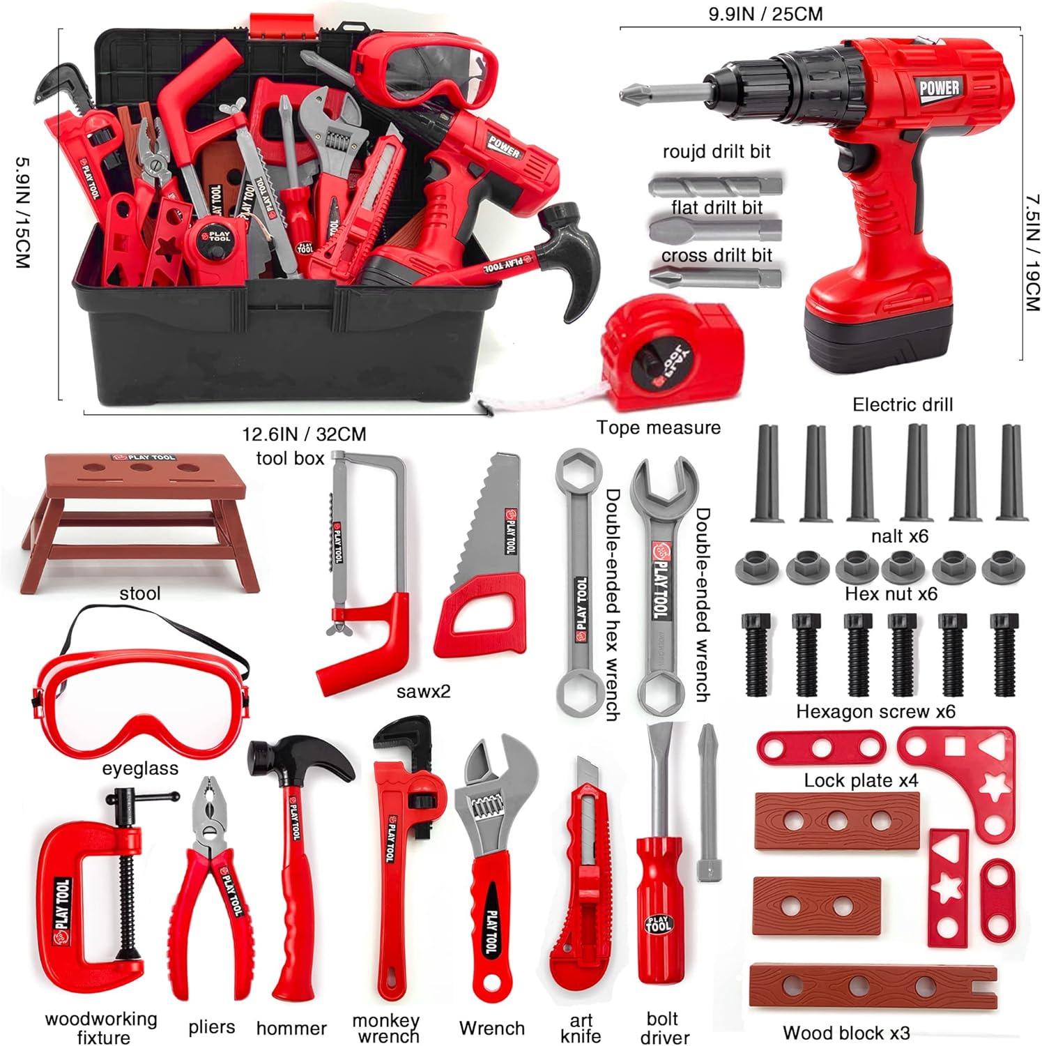 Thumbnail 1 de HYRENEE Kids Tool Set (48-Piece) with Electronic Toy Drill & Tool Box