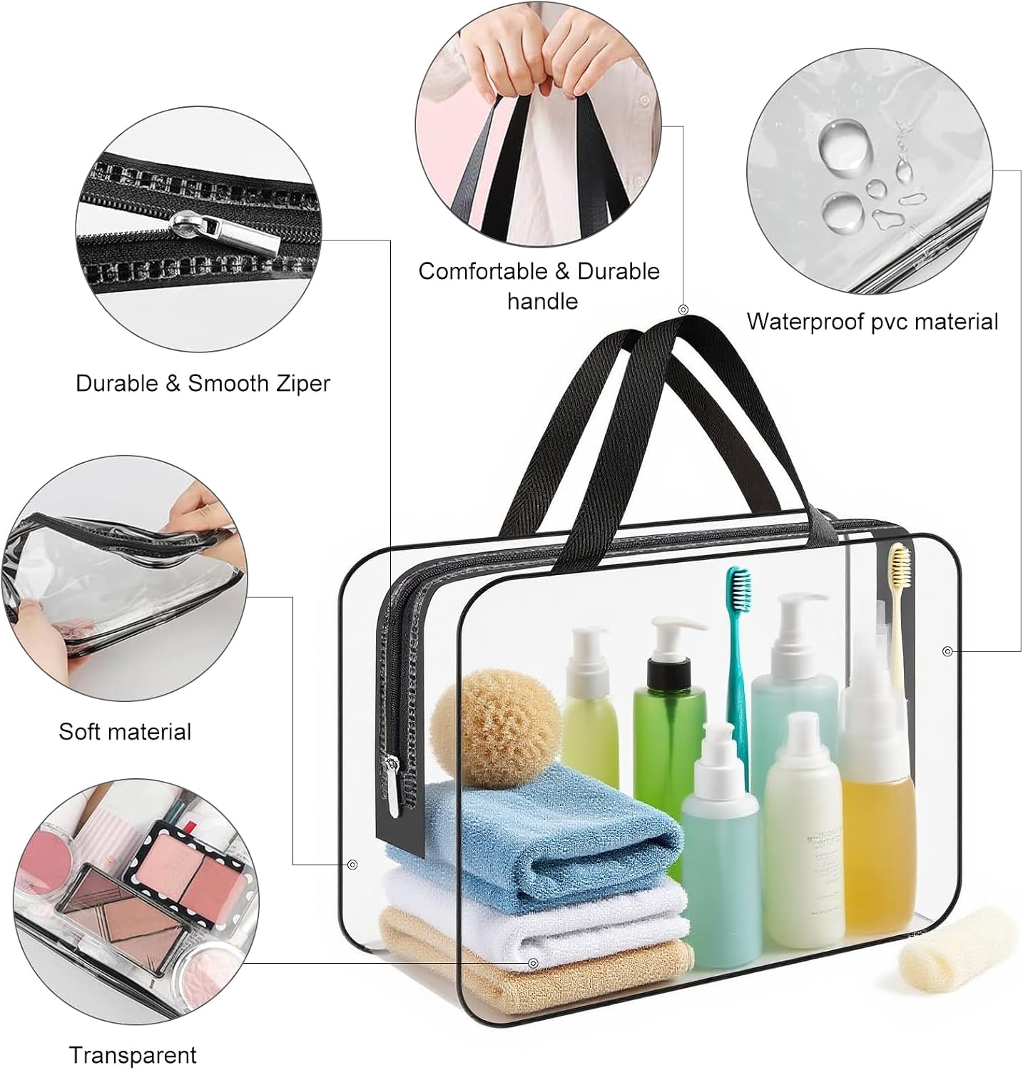 Detalle de Clear Wash Bag for Toiletries by Funnasting – 3 in 1 Waterproof Transparent PVC Travel Bag
