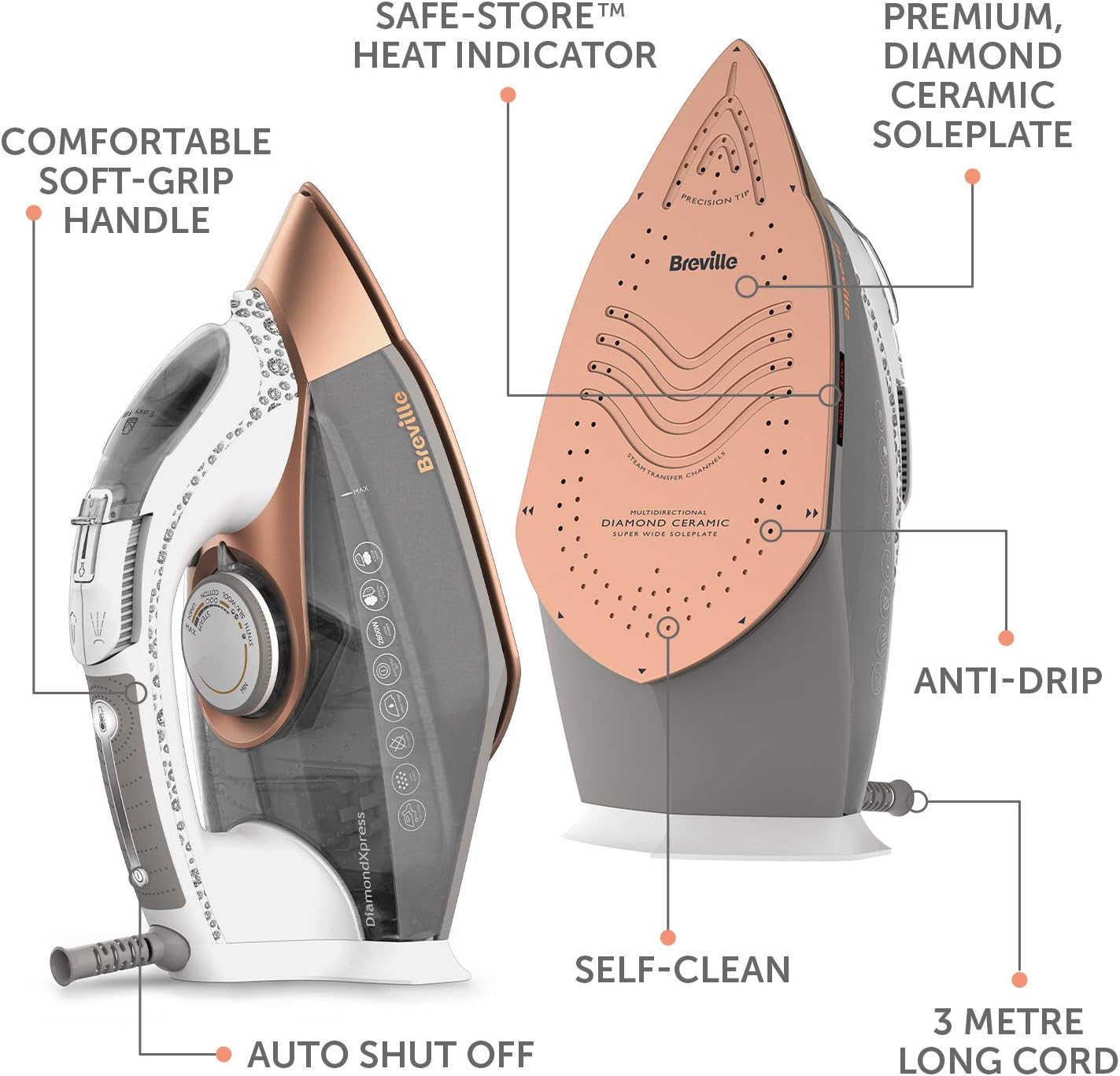 Thumbnail 6 de Breville DiamondXpress steam iron (VIN401) with diamond ceramic soleplate, 3100 W & 200g steam shot