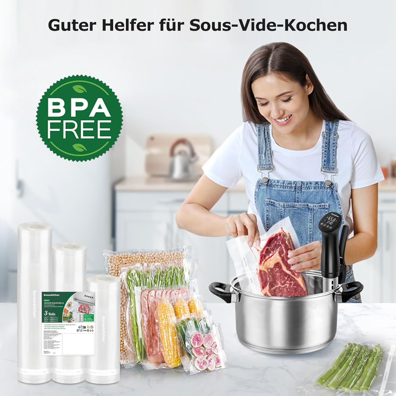 Thumbnail 4 de Bonsenkitchen Vakuumrollen 20/25/28 x 300 cm (3 Rollen) – Profi-Vakuumierfolie für Vakuumierer