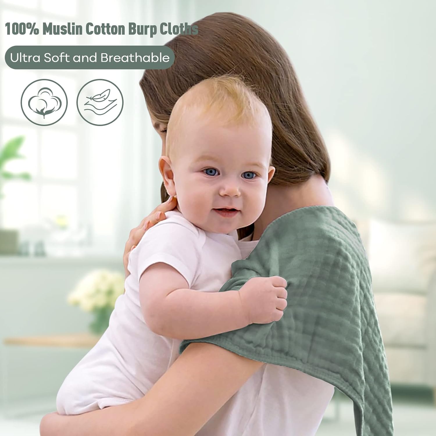 Detalle 2 de Yoofoss Baby Muslin Squares 10 Pack – 4-layer 100% cotton face cloths (Dark Green), 30x50cm