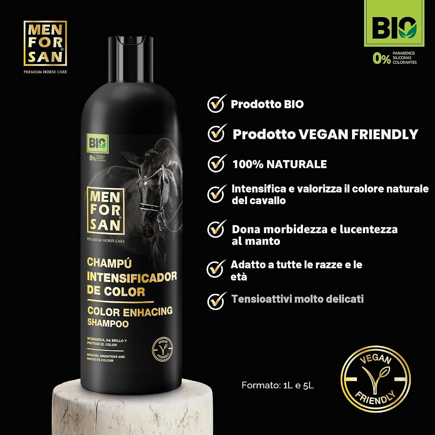 Detalle de MENFORSAN Shampoo intensificatore di colore per cavalli 5L – bio, vegano e neutro per tutte le razze
