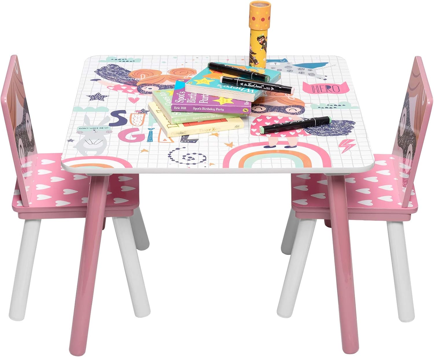 Detalle de EUGAD Kindersitzgruppe 1 Kindertisch + 2 Stühle – Rosa, MDF & Massivholz, 3tlg.