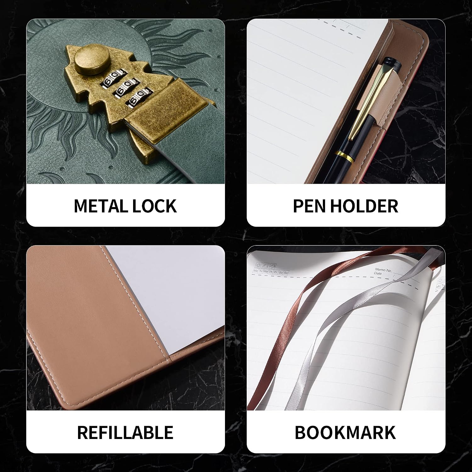 Detalle de ZXHQ Tagebuch mit Schloss (A5) inkl. Stift-Set – Vintage-Lederbezug, 224 Seiten, Premium Grau