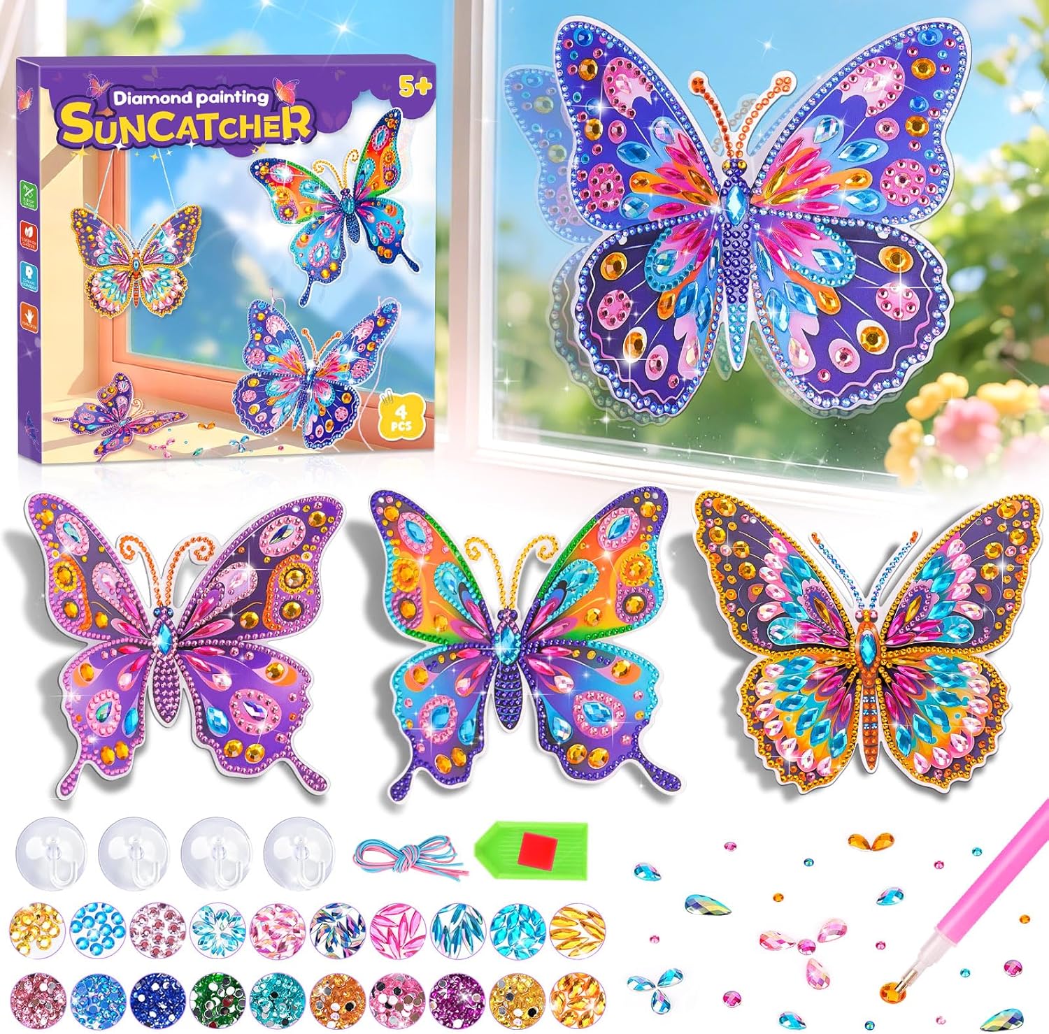 Detalle de Gifts for 5–12 Year Old Girls: 3D Butterfly Diamond Painting Sun Catcher Kit for Window Decoration