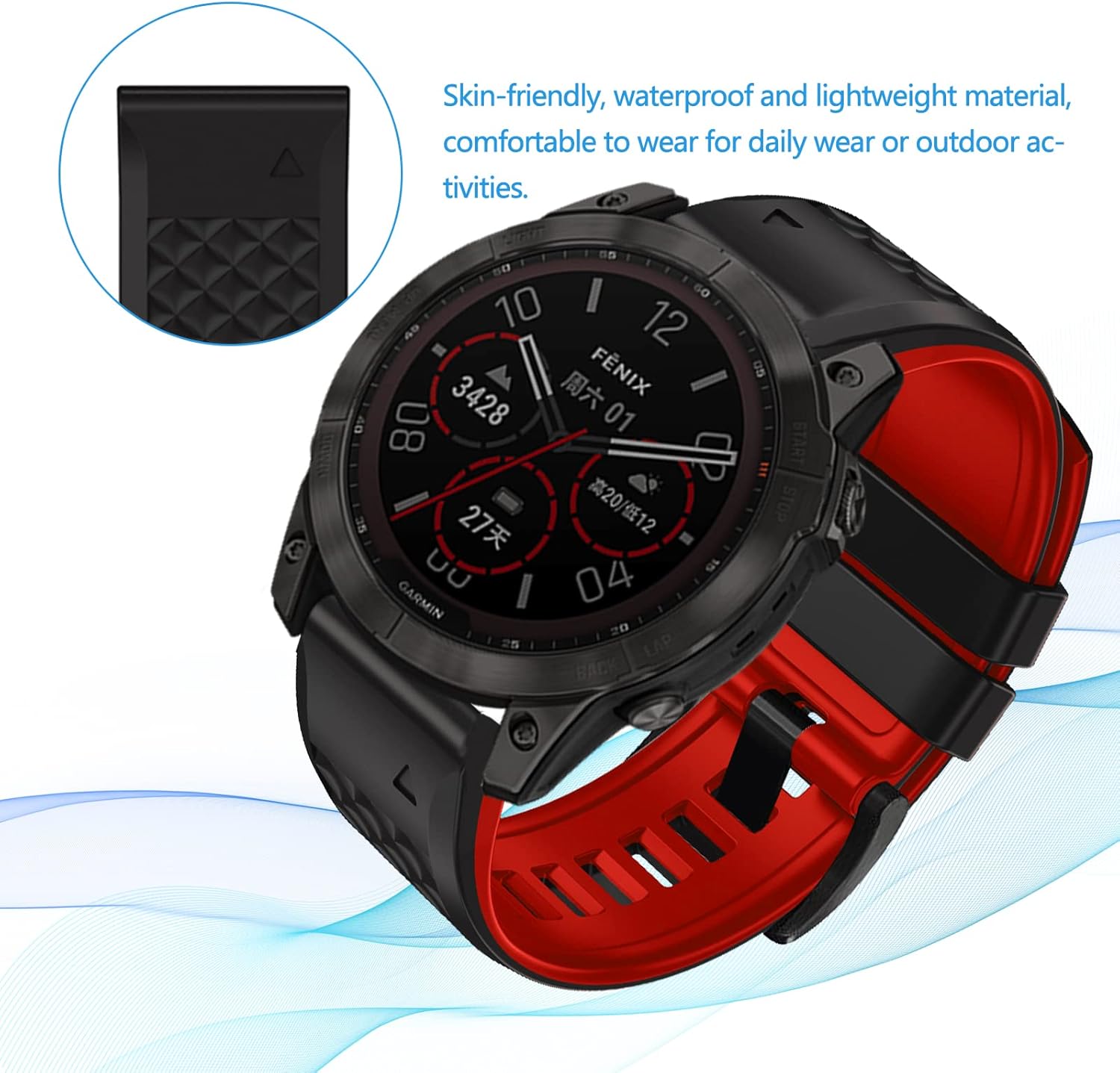 Detalle de LanQii QuickFit Silikonarmband 26 mm für Garmin (schwarz+rot) – Ersatzband für Tactix 8, Fenix 8/7/6/5, Enduro und Descent