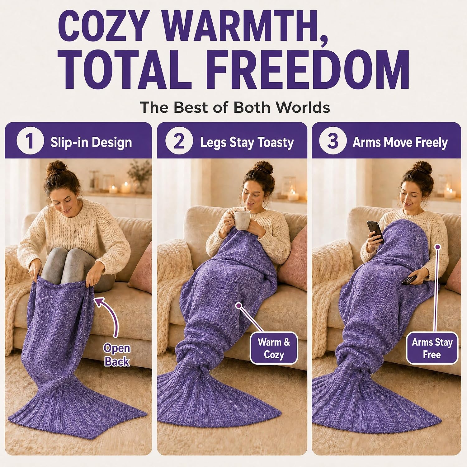 Detalle 1 de Feluna Mermaid Tail Blanket, knitted acrylic blanket, 180 x 85 cm, violet purple