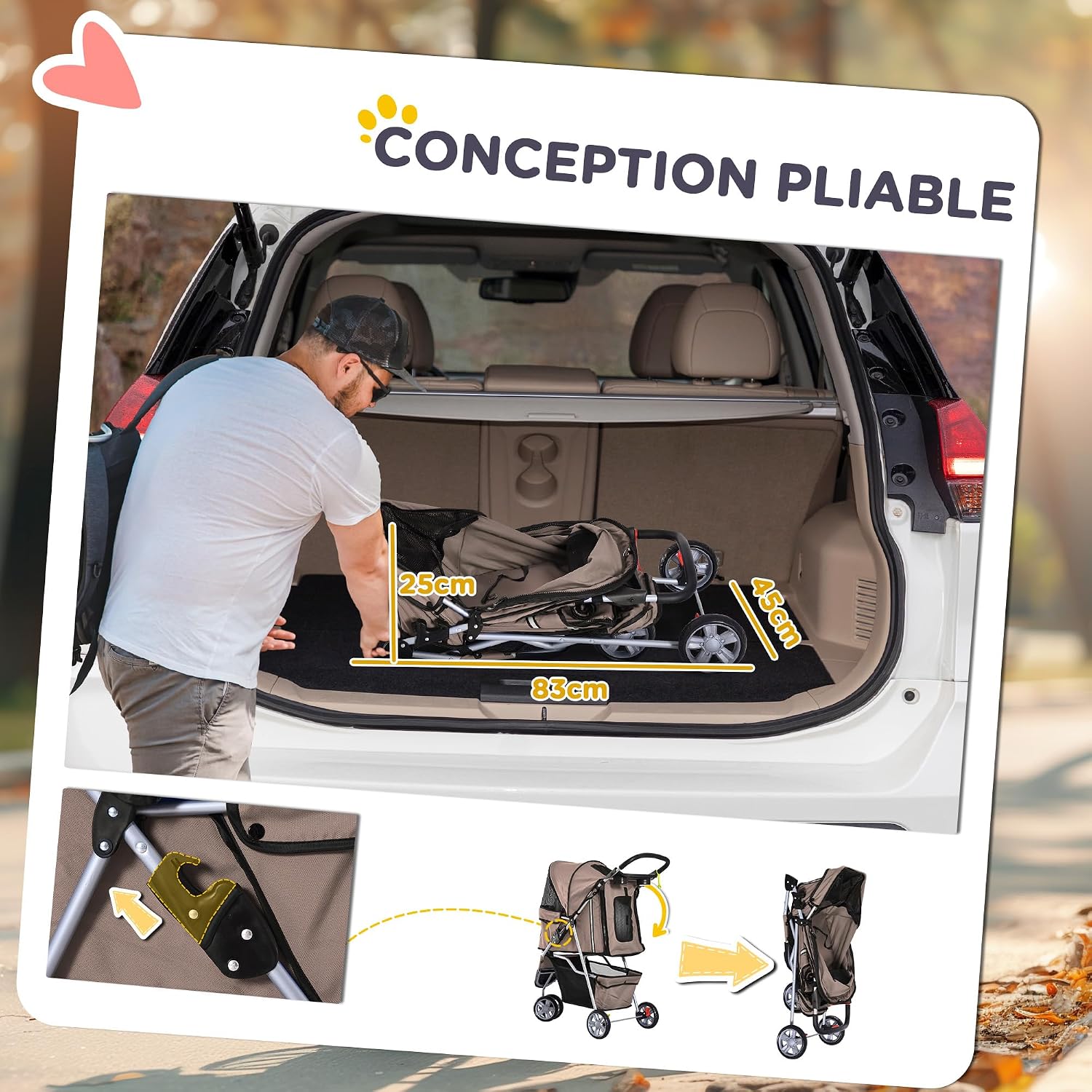 Detalle de PawHut Poussette buggy pliable pour animaux – chariot chien chat, 75 x 45 x 97 cm, marron