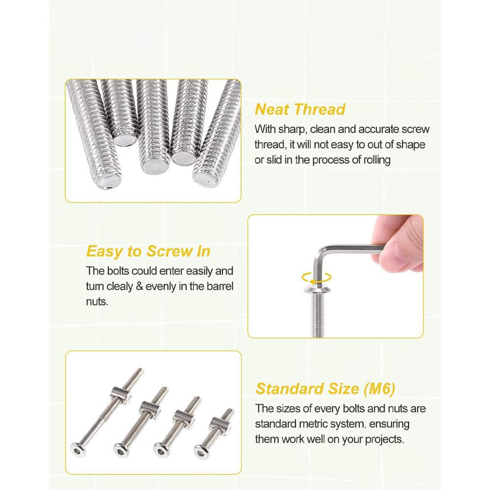 Detalle 2 de LOTOKEMU M6 Furniture Bolt and Barrel Nut Kit, Four Lengths, Zinc-Plated Steel