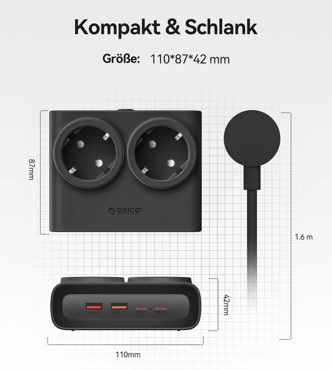 Thumbnail 6 de ORICO 25W GaN Mehrfachsteckdose 6-in-1 (2× AC + 4× USB, 1,6 m Kabel)