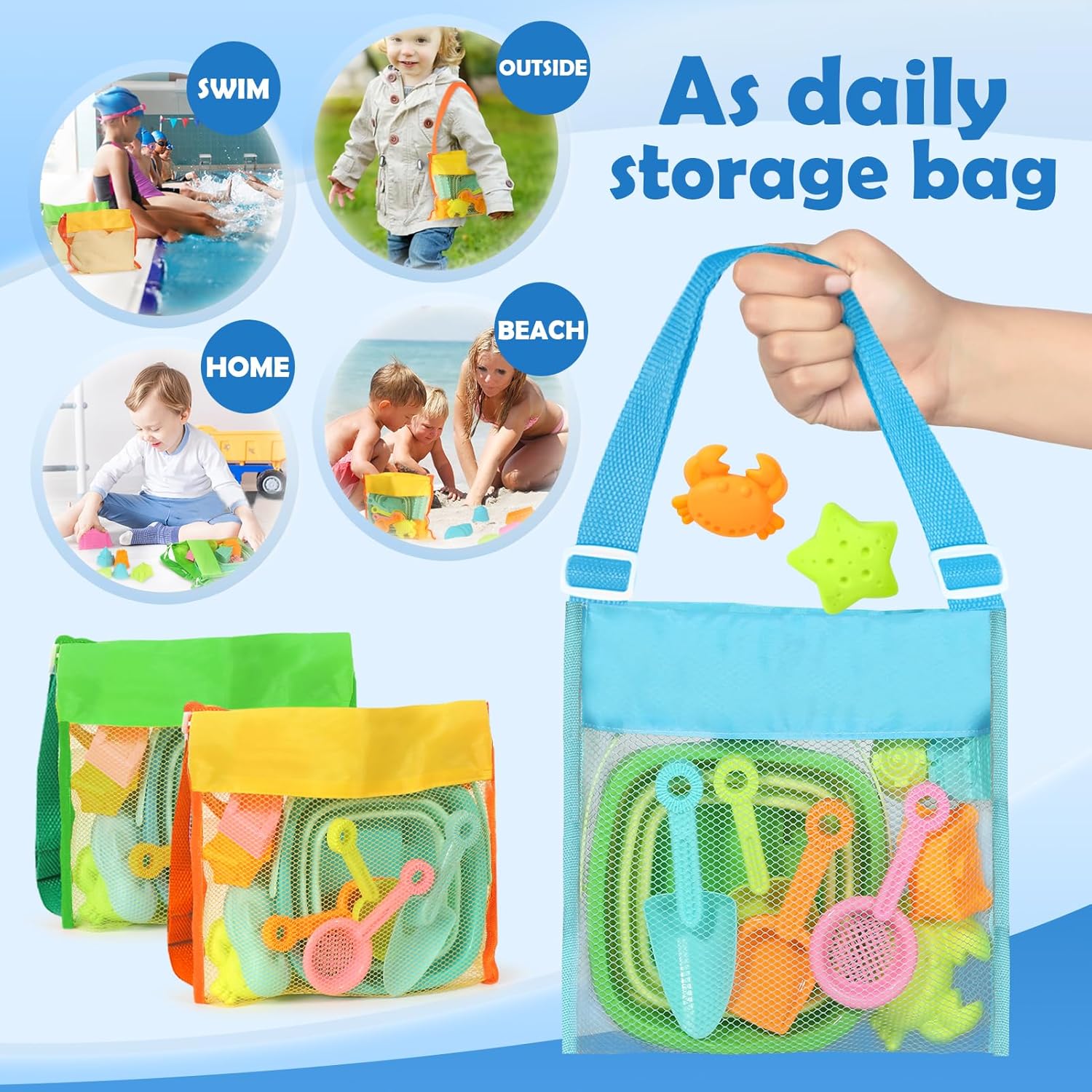 Detalle de Dreamon Beach Toys for Kids (3–10) – 30-Piece Collapsible Sand Toys Set with 3 Buckets, Molds & Mesh Storage Bags