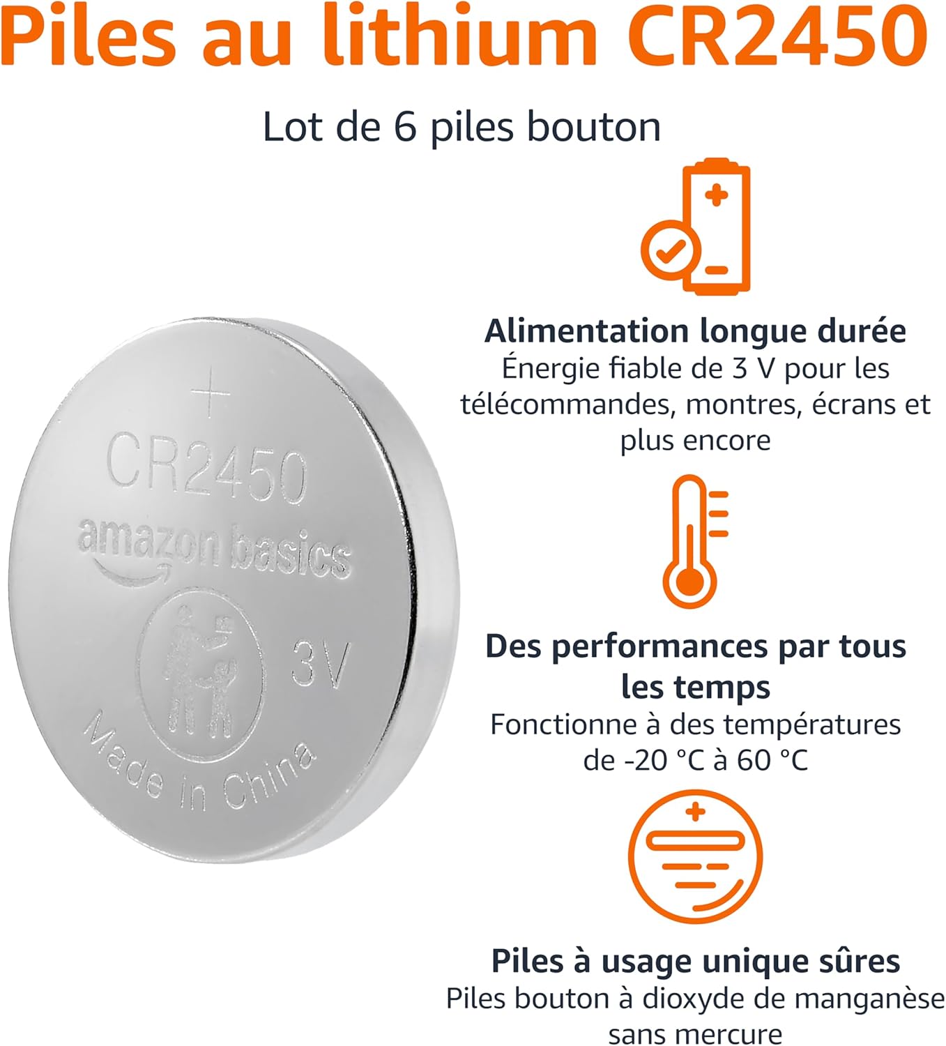 Detalle 2 de Amazon Basics Lot de 6 Piles bouton CR2450 au lithium 3 V — longue durée et sans mercure