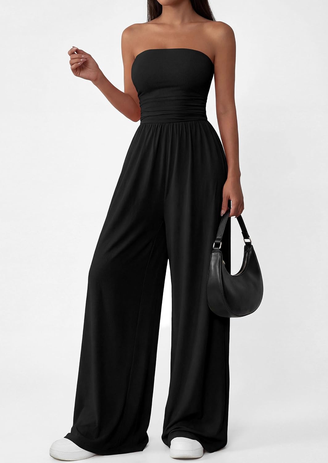 Detalle 2 de PRETTYGARDEN Womens Trendy Strapless Rompers 2026 Ruched Tube Top Wide Leg One Piece Jumpsuits