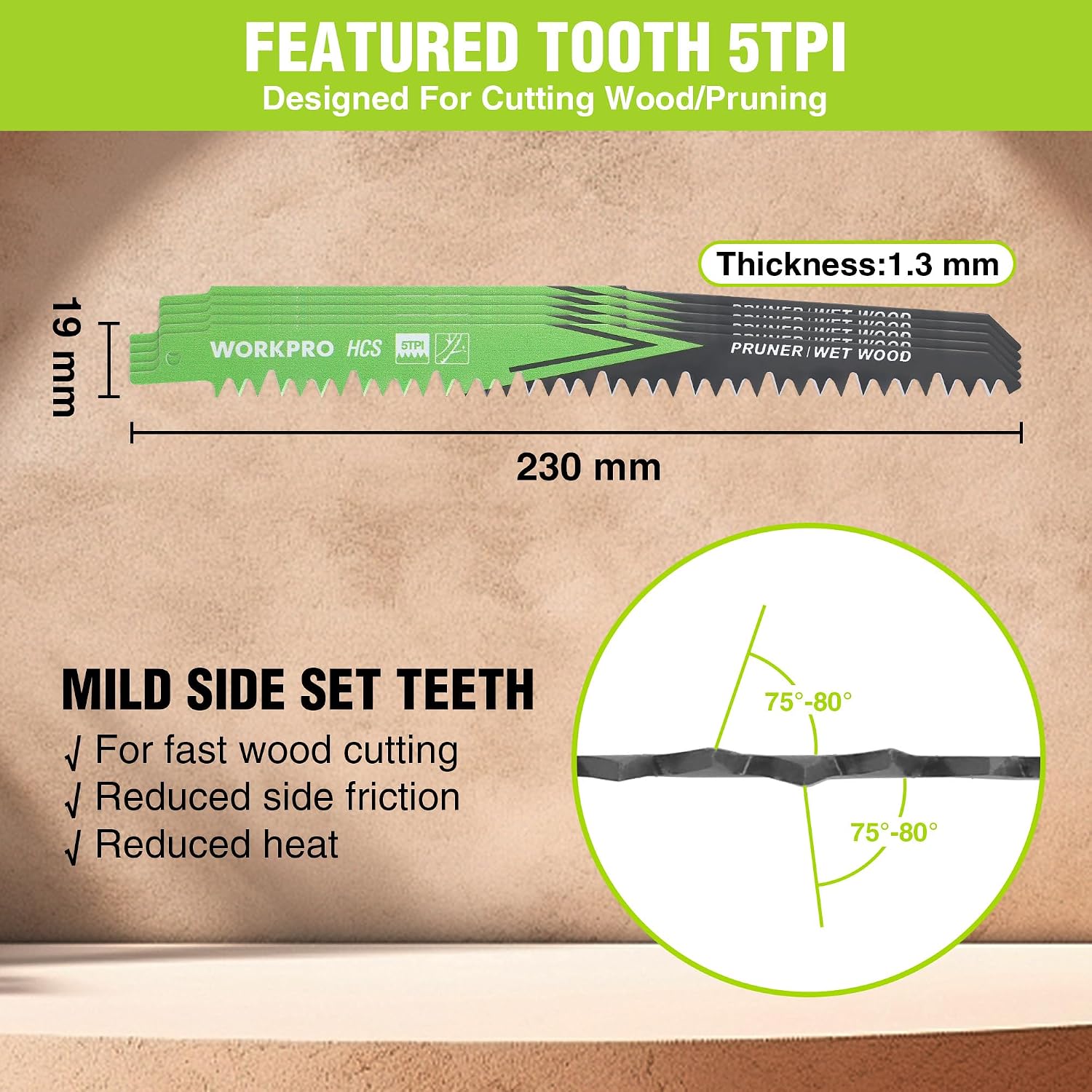 Detalle de WORKPRO 230mm 5-Piece Reciprocating Saw Blades Set (5 TPI) for Green Wood & Branches