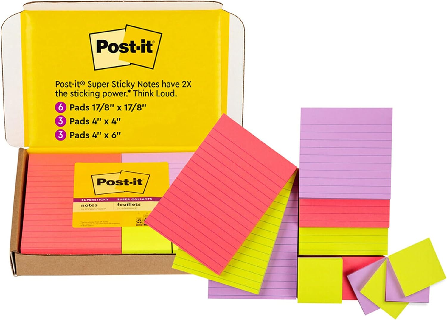 Post-it 4642-12SSMX Super Sticky Notes, 3 Sizes, Bright Colors, 12 Pads