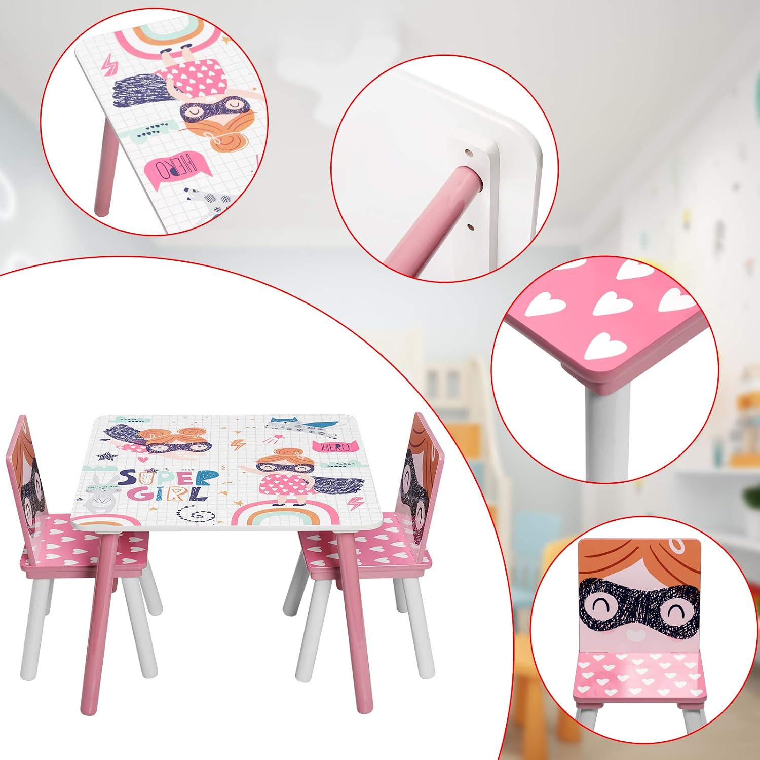 Detalle de EUGAD Kindersitzgruppe 1 Kindertisch + 2 Stühle – Rosa, MDF & Massivholz, 3tlg.