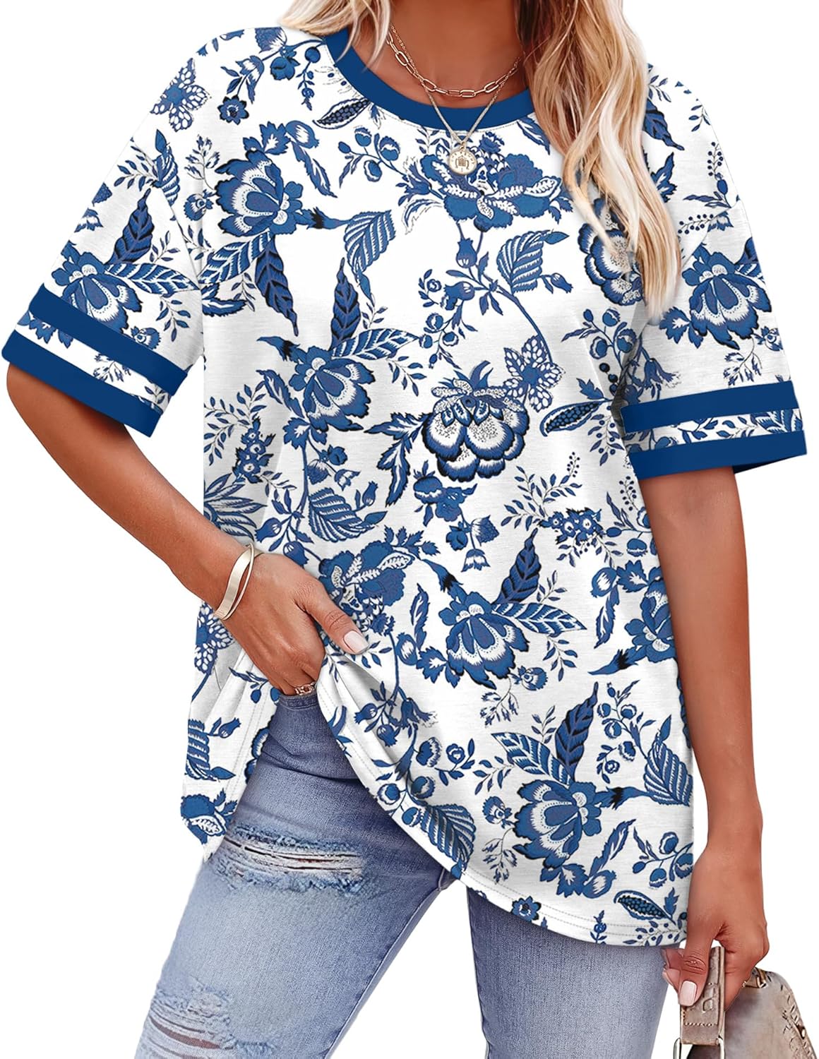 Thumbnail 4 de WIHOLL Women’s Loose Fit Color Block Crew Neck T-Shirts (Short Sleeve)