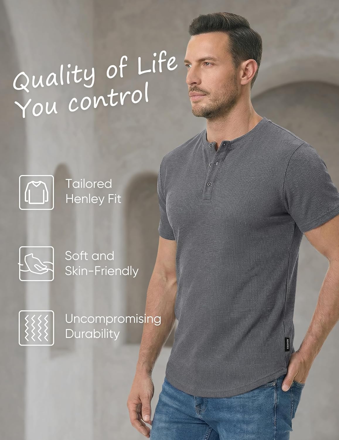 Detalle de JMIERR Men's Muscle Slim Henley Shirts – Button-Front Crewneck Tee for Gym & Casual Wear