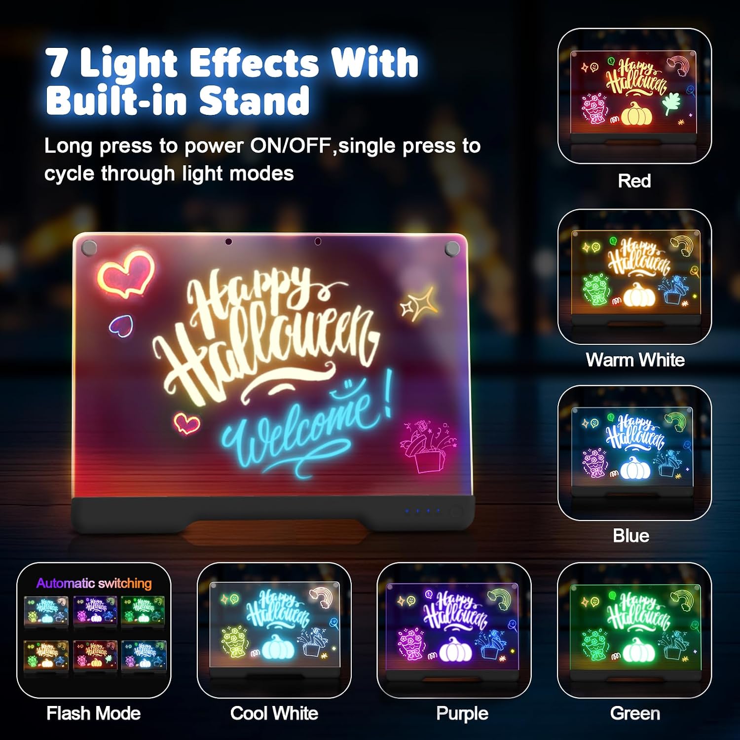 Thumbnail 2 de Tableau lumineux LED rechargeable 40 cm avec 7 couleurs – Ardoise lumineuse néon pour dessin et messages