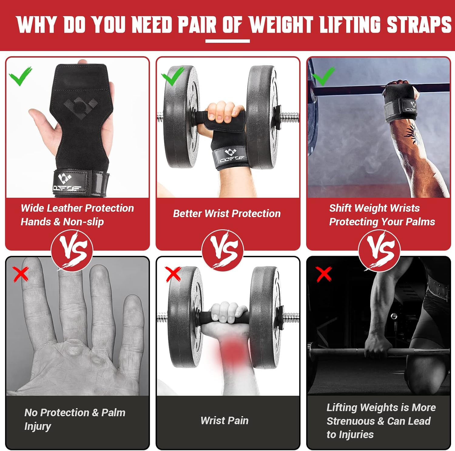 Detalle de COFOF Wrist Strap Leather Weightlifting Straps with Adjustable Neoprene Padding