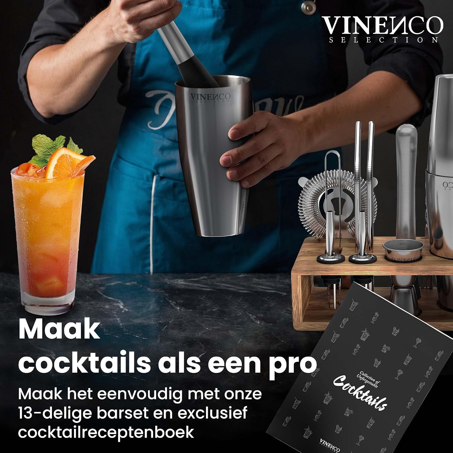 Detalle de Vinenco CS3 Boston cocktailshakerset, 13-delig van RVS met standaard