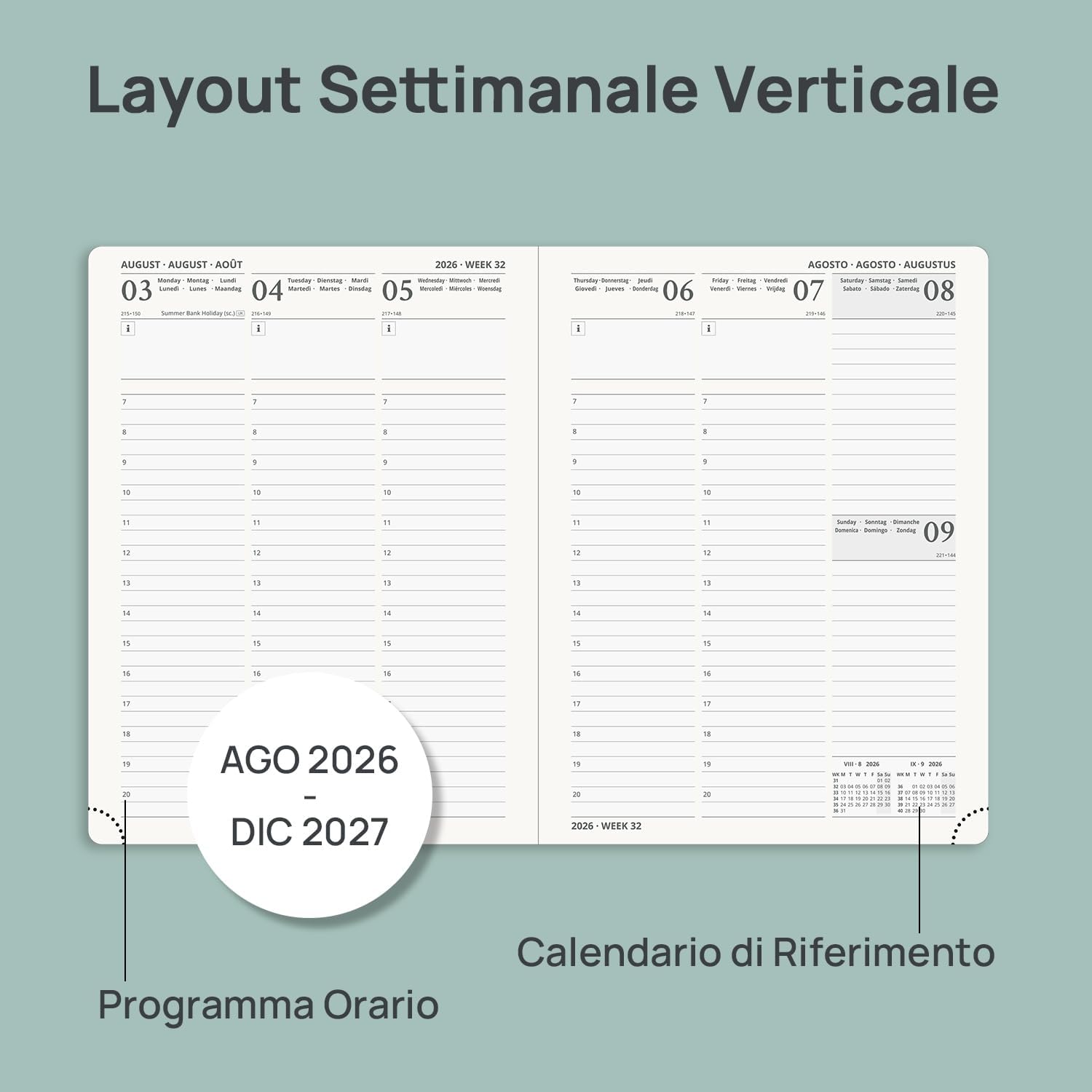 Detalle de PR0RUN Agenda 2026-2027 Settimanale Verticale 22x16,5 cm, Copertina Rigida, Rosa Chiaro