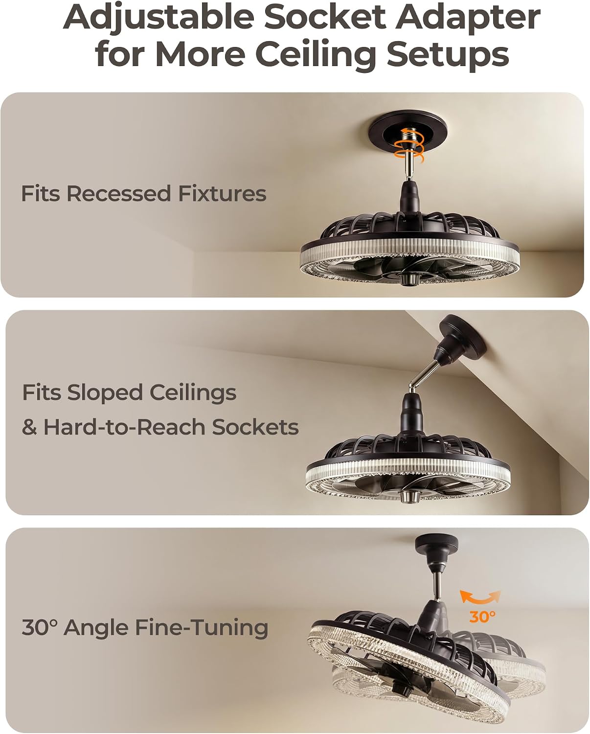 Detalle 2 de Kleqop KL-CF-B Socket Fan Light, 2200 lm LED and 4 Fan Speeds