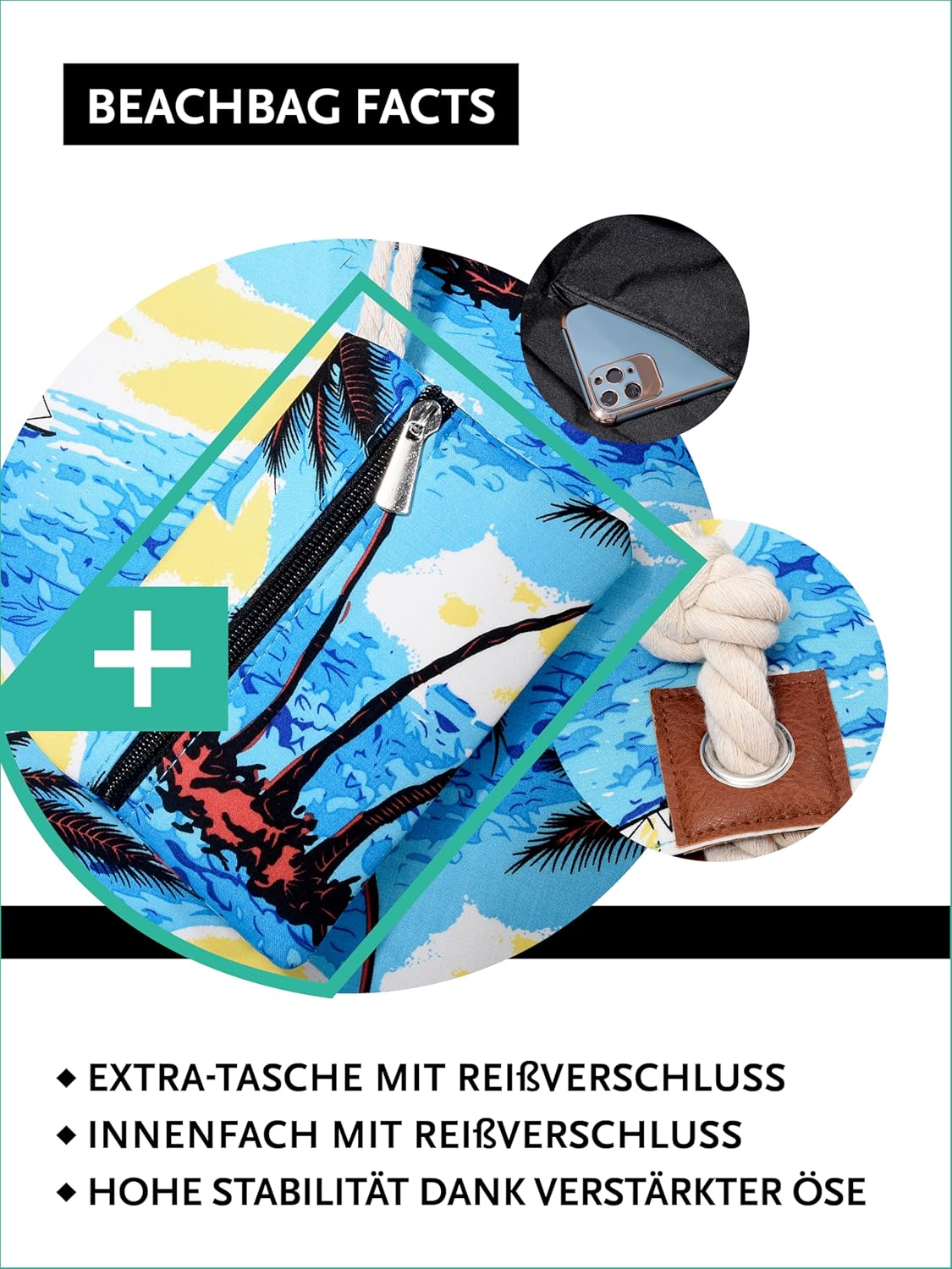 Thumbnail 2 de DonDon Strandtasche XXL mit Reißverschluss – große Beachbag als Shopper & Umhängetasche