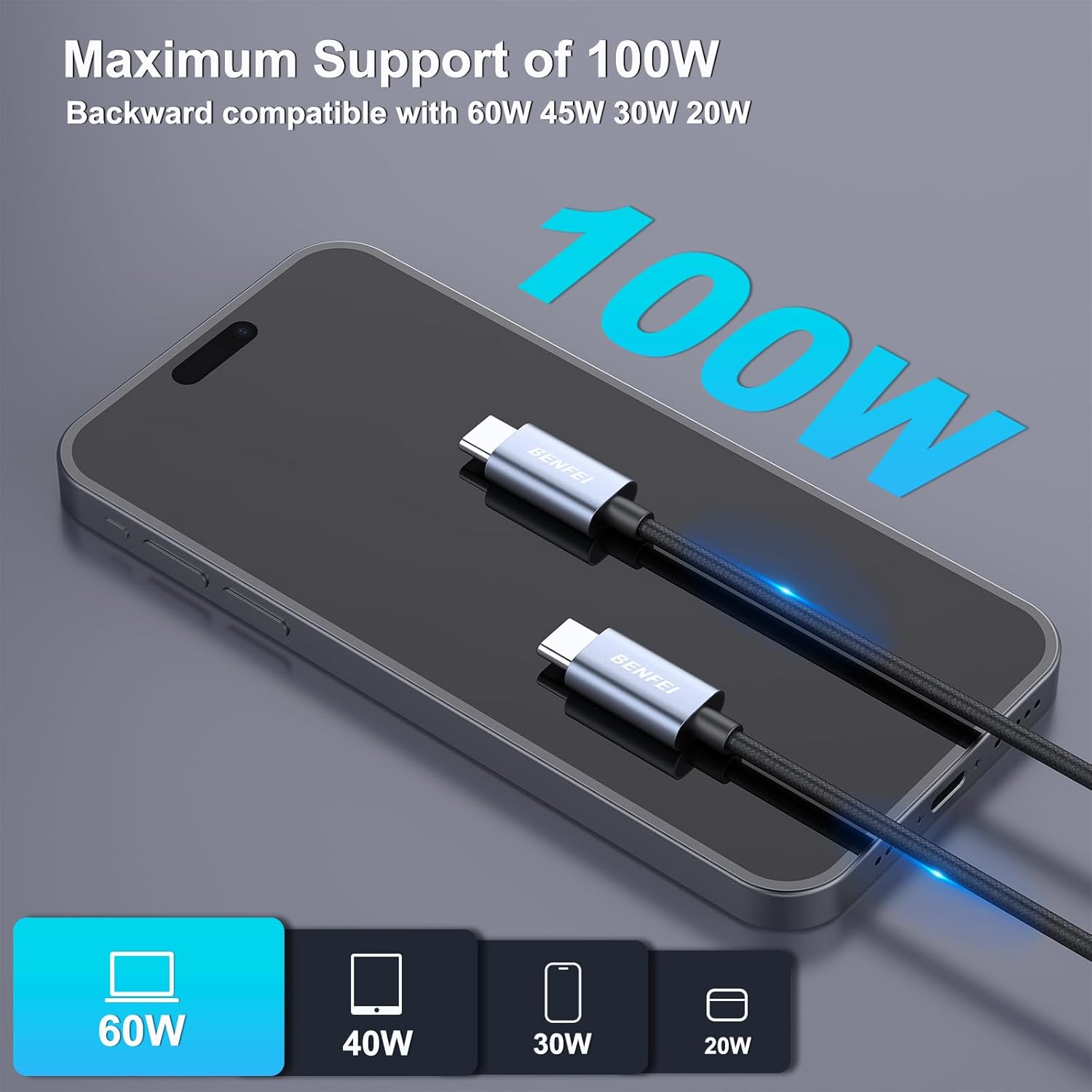 Thumbnail 3 de BENFEI New Silikon USB-C auf USB-C Kabel, 100W, 2 m – langlebig, kinkfrei und schnellladen