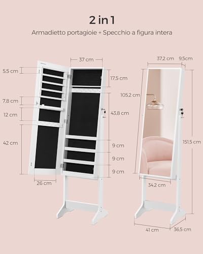 Detalle de SONGMICS Specchio Portagioie da Terra JJC69WT – Specchio a figura intera con serratura, superficie bianca e fodera nera