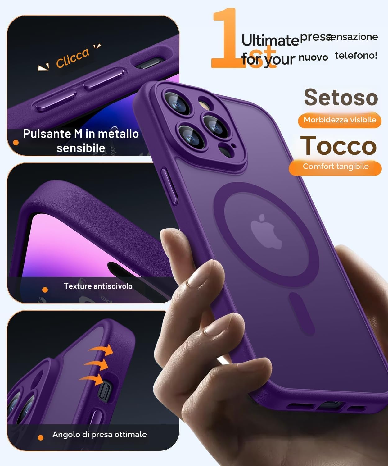 Detalle de CANSHN Cover magnetica per iPhone 14 Pro da 6,1" compatibile MagSafe, protezione fotocamera e antiurto viola profondo