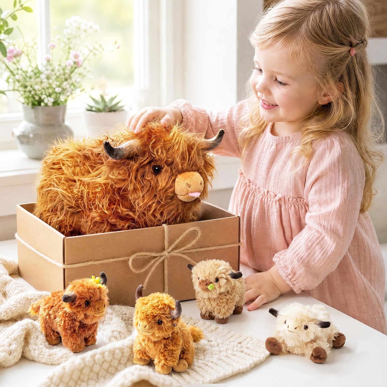 Detalle 2 de OUOZZZ Highland Cow Kuscheltier 36 cm mit 4 Babys im Bauch – 2-in-1 Plüschtier mit verstecktem Reißverschluss