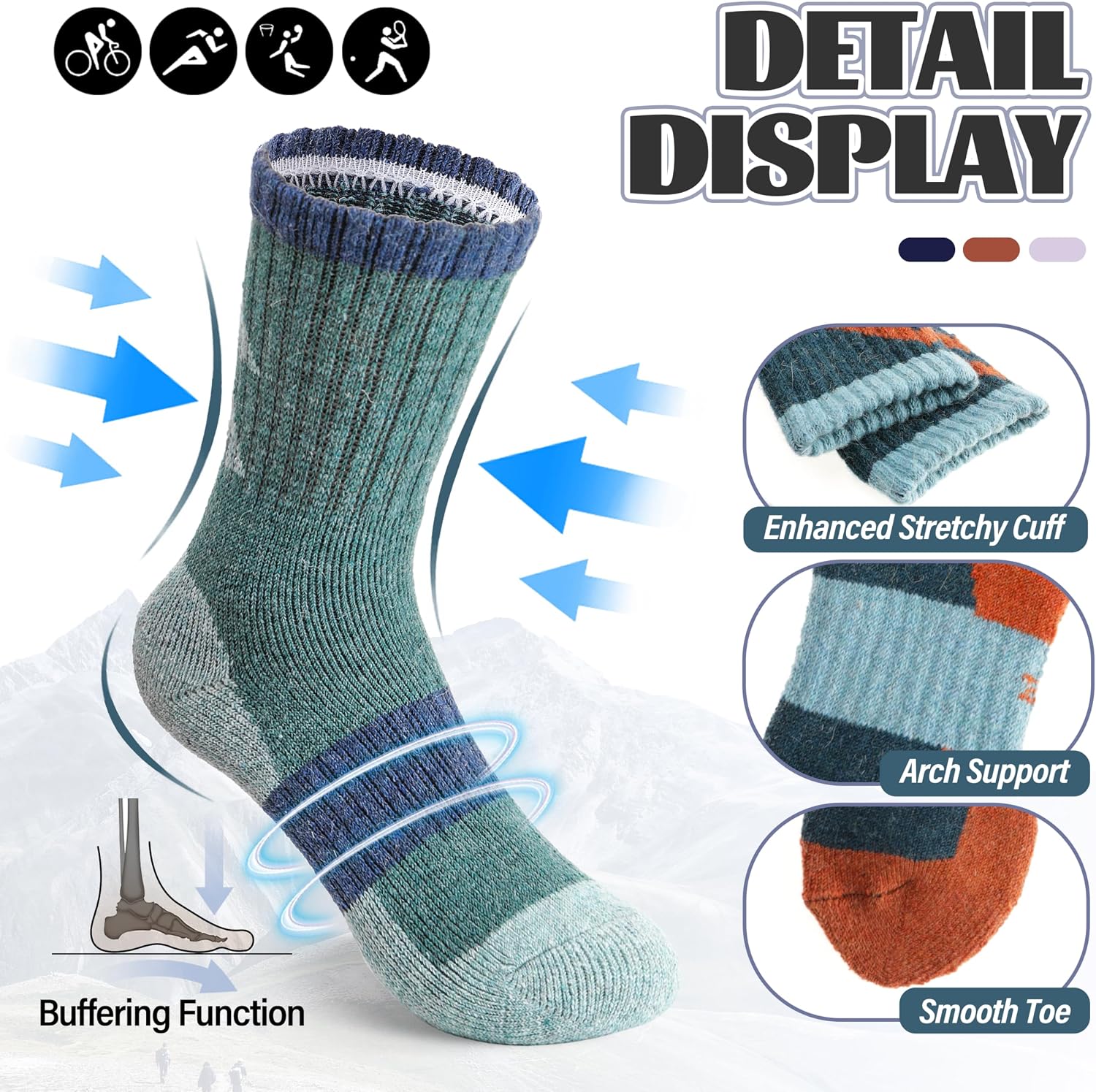 Detalle de Anlisim Kids Merino Wool Hiking Crew Socks, 6 Pairs with Cushioning