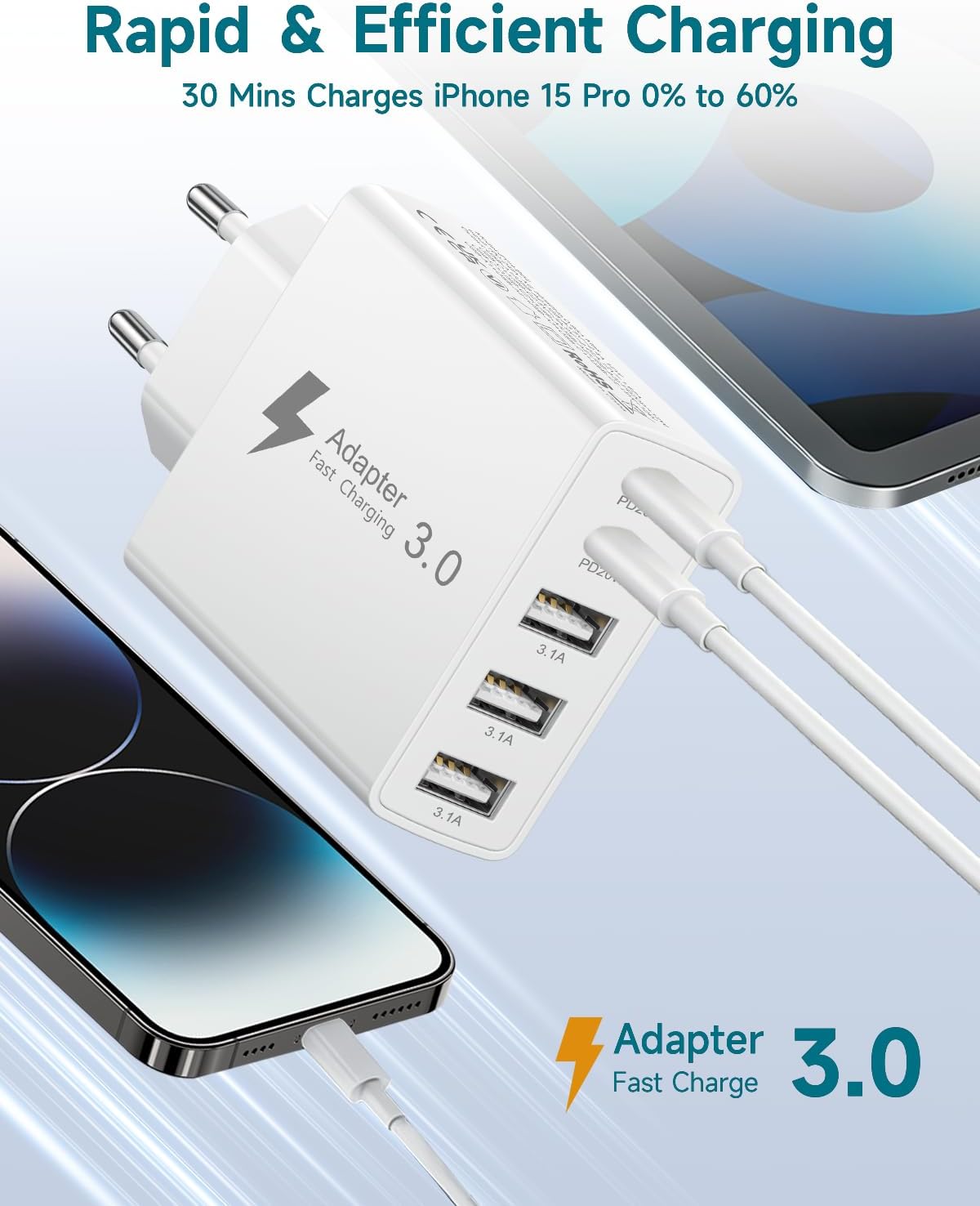 Detalle de Caricatore USB-C rapido 50W multiplo a 5 porte (USB-C + USB) per iPhone, Samsung e altro