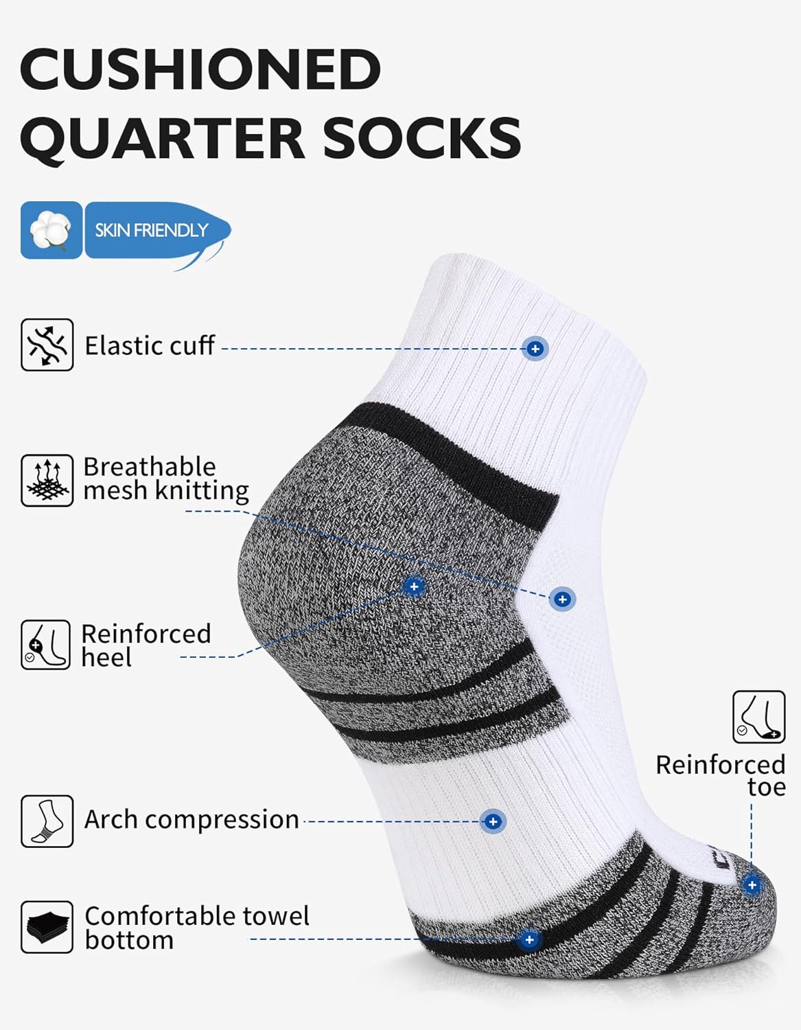 Detalle de CLOSEMATE Mens Sports Quarter Ankle Socks (6 Pairs) – anti-blister cushioned trainer socks