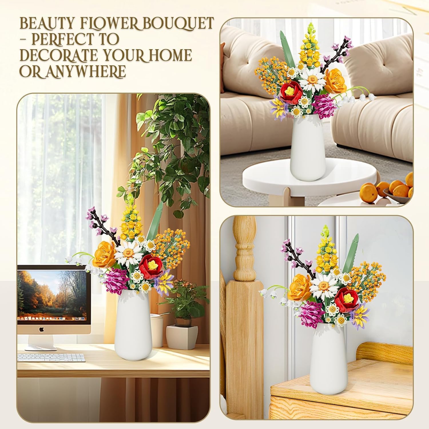 Detalle de Flowers Bouquet Building Sets for Adult – 1,070 PCS DIY artificial flower blocks kit with 10 flower types (No vase)