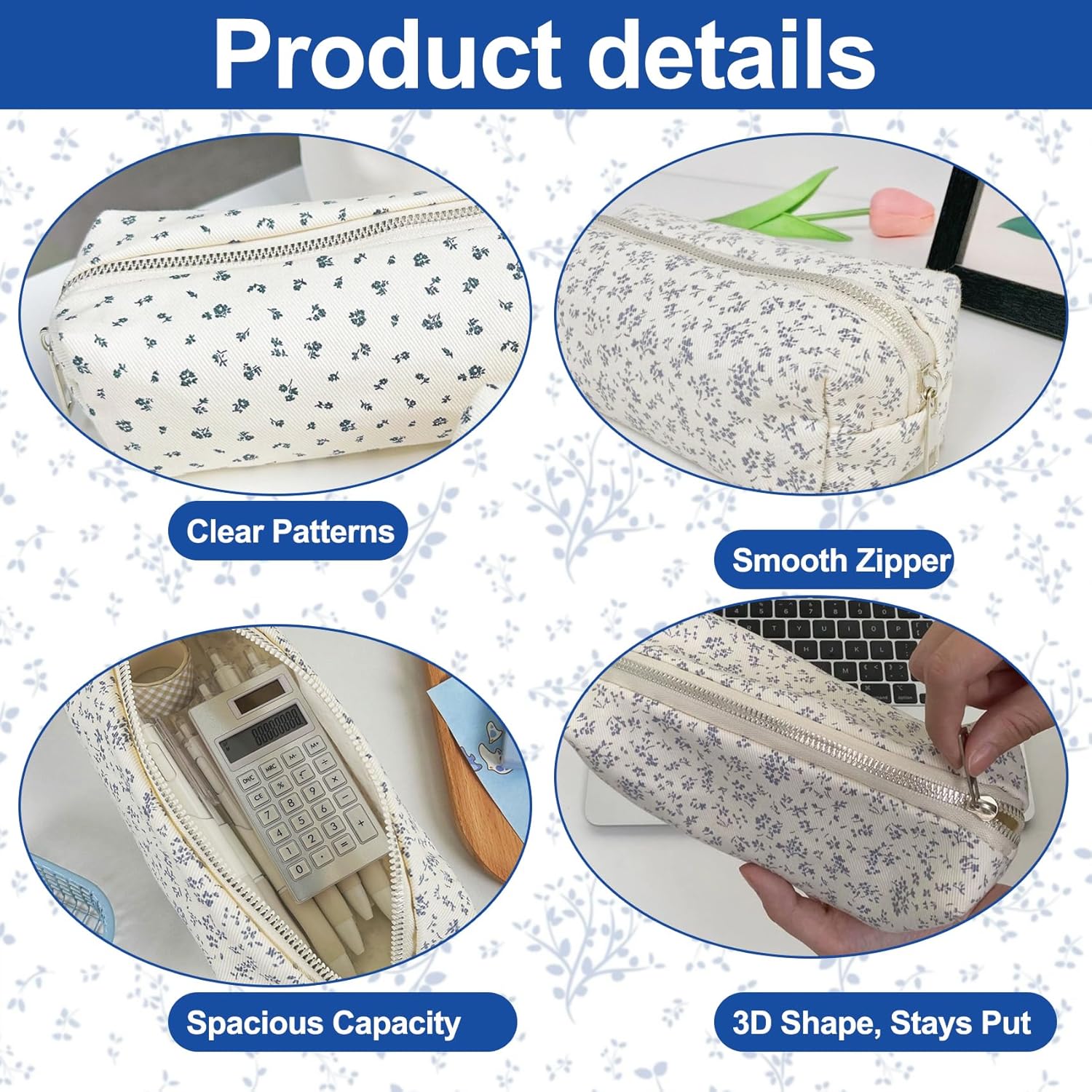 Thumbnail 2 de ANBOO 2Pcs Floral Pencil Case Set – White Canvas with Blue Flowers