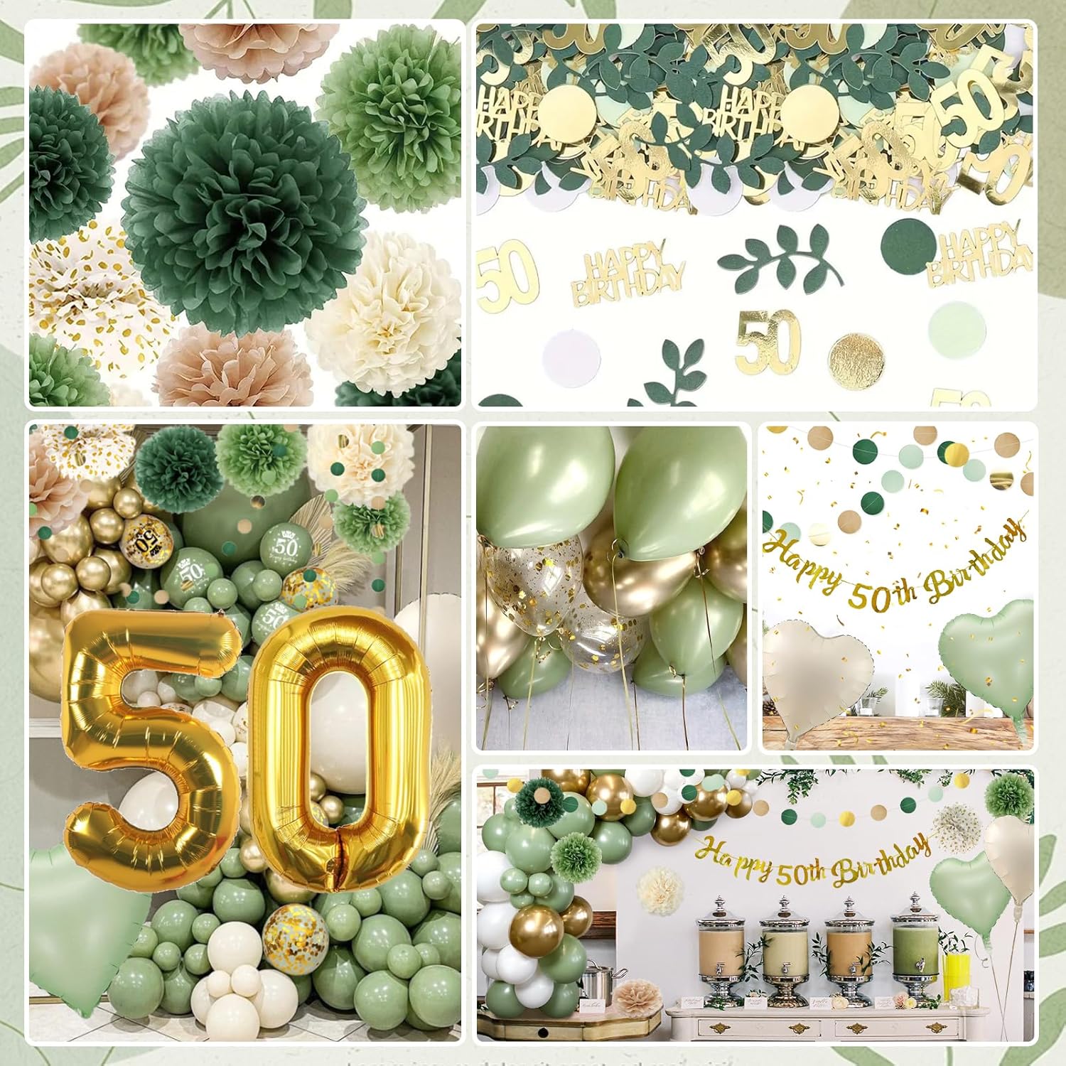 Detalle de 50th Birthday Decoration for Women and Men – Green & Gold Balloons Set (Reusable)